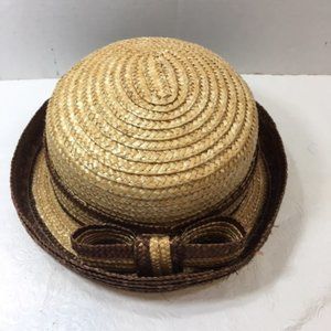 Vintage Natural Straw Woven Straw Bow Brown Golden Brown Hat Curled Up Brim